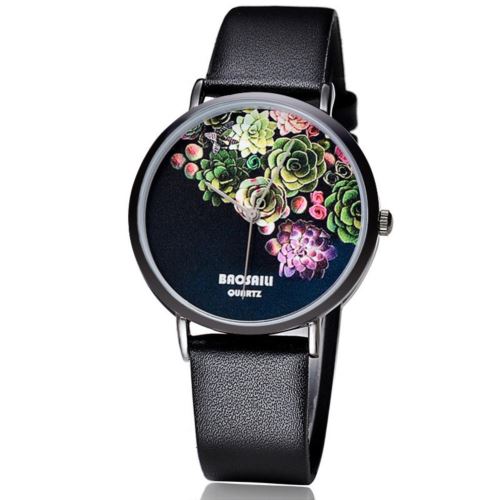Montre en cuir pour dames à quartz floral noir