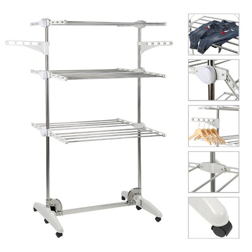 OOBEST® Etendoir à Linge, Tubes en acier inox , 3 étagères, Blanc, avec ailes, 78 x 64 x 142cm