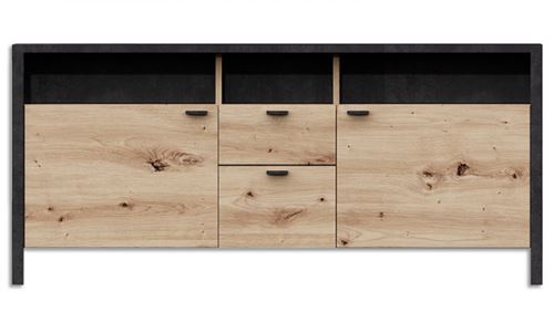 Meuble buffet coloris artisan chêne / acier foncé - 143 x 65 x 40,5 cm -PEGANE-
