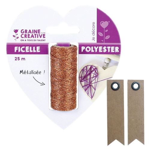 Bobine de ficelle métallisée cuivre 25 m + 20 étiquettes kraft Fanion - Graine Créative
