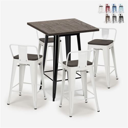 Ensemble 4 Tabourets Tolix Table 60x60cm Bois Métal Industriel Peaky Black, Couleur: Blanc