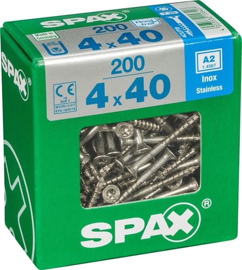 Spax - Lot de 200 vis inox t&ecirc;te frais&eacute;e torx Diam.4 mm x L.40 mm
