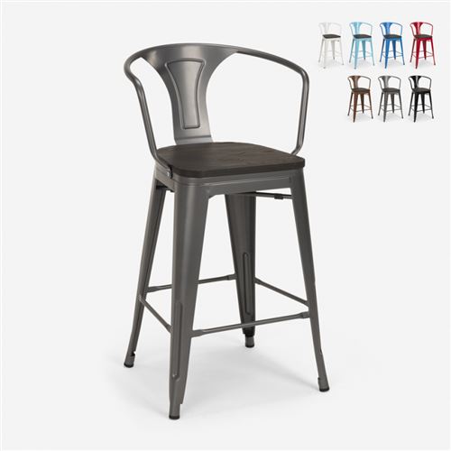 Tabouret en bois de métal avec dossier design industriel de style Tolix Steel Wood Back, Couleur: Gris foncé