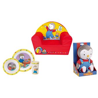 FUN HOUSE - T'CHOUPI - Coffret Fauteuil club + ensemble repas (assiette, bol, verre) + Peluche 30 cm pour enfants et bébés - 1
