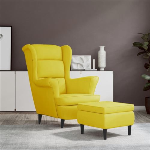 Non Communiqué Jaune Moutarde Fauteuil À Oreilles Avec Tabouret Velours