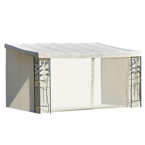Pergola adossable dim. 4L x 3l x 2,7H m pavillon de jardin toile polyester haute densité moustiquaires crème structure métal époxy gris