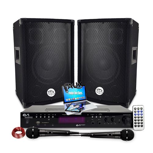 Non Communiqué Pack Sono Dj 600W + Ampli Evidence Acoustics Hifi Stéréo Avec Bluetooth Usb Carte Sd, Radio Fm, 2 Microphones Karaoké