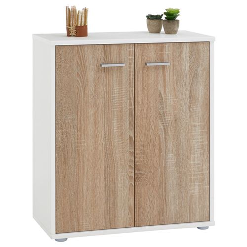 Buffet FIRMIN, en mélaminé blanc mat et décor chêne sonoma