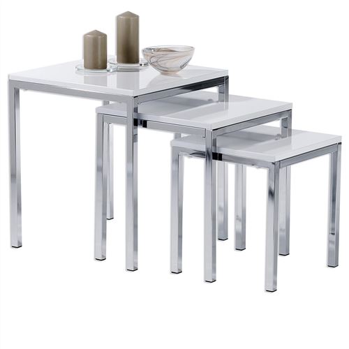 Lot de 3 tables d'appoint LUNA tables basses de salon gigognes bouts de canapé plateau carré blanc brillant et cadre en métal chromé