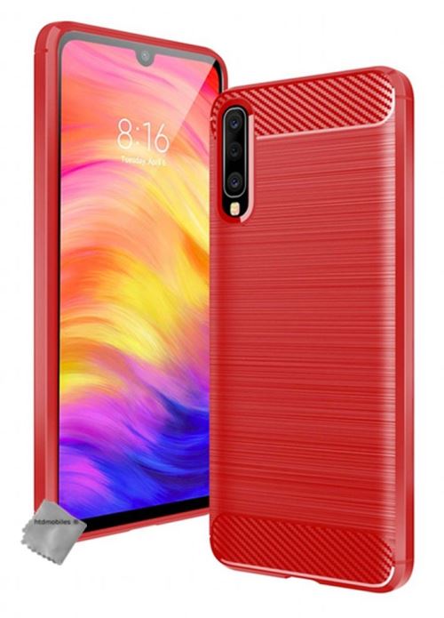 Housse etui coque silicone gel carbone pour Samsung Galaxy A50 avec verre trempe - ROUGE