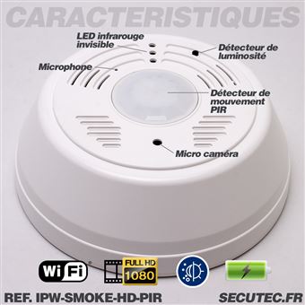 Detecteur de fumée avec Camera IP Longue Durée HD 1080P Wifi et vision de  nuit