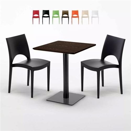 Table carrée 60x60 pied noir et plateau bois avec 2 chaises colorées Paris Kiss, Couleur: Noir