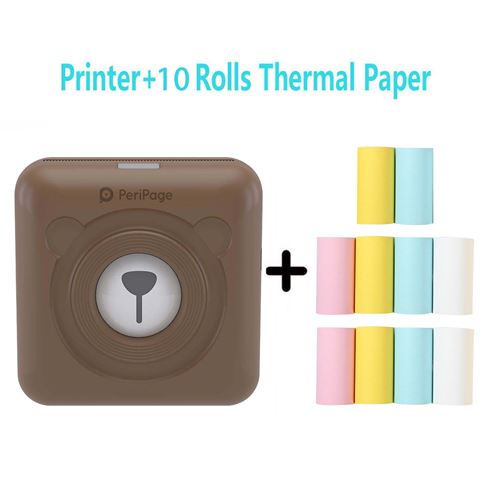 Imprimante thermique Peripage Bluetooth portable 58mm pour imprimer des photos pour téléphones avec 10 rouleaux de papier d'impression -marron