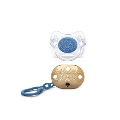 SUAVINEX Pack Ethnic Sucette réversible silicone + Attache sucette 4/18M - BLEU FONCE