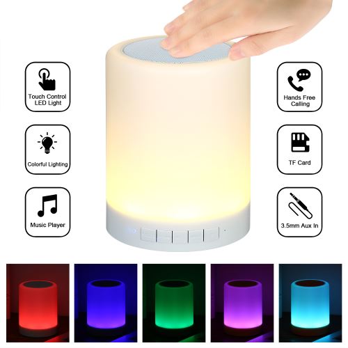Lampe de Chevet LED Touch Rechargeable par USB Smart Color RGB LED Veilleuse Sans fil BT Haut-parleur Commande Tactile Dimmable Lampe Ambiance Soutien TF Carte AUX-in Appel Mains Libres Avec Poigne
