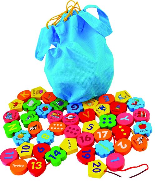 Toys of Wood Oxford enfilage de perles en bois Aphabet et blocs de numéros 46 pièces dans un sac -26 alphabets et numéros 1-20- jouet en bois pour 3 ans