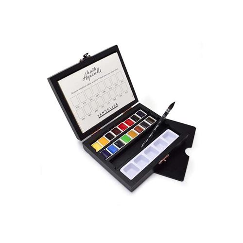 Coffret bois 16 demi-godets - La Petite Aquarelle