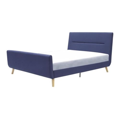 Lit adulte 140 x 190 cm - Tissu imitation lin bleu - Sommier inclus - OSCAR