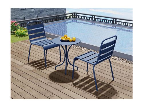 Salle à manger de jardin en métal - une table D.60cm et 2 chaises empilables - Bleu nuit - MIRMANDE de MYLIA