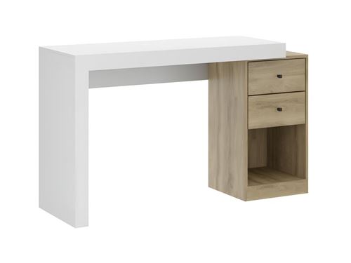 Bureau extensible 2 tiroirs et 1 niche - Coloris : Blanc et naturel - EVAN  - Achat & prix