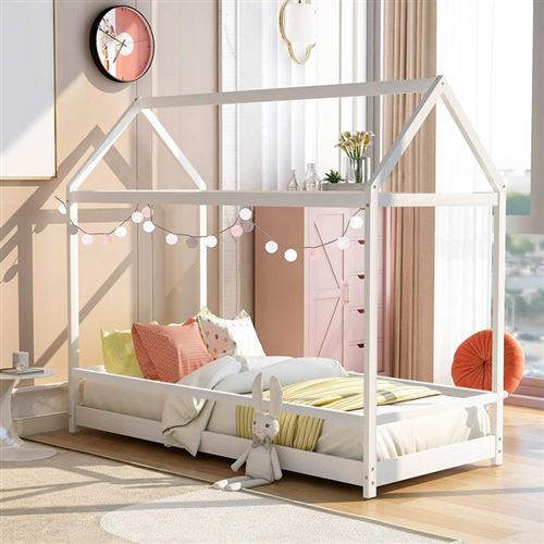 Lit cabane en bois pour enfant Montessori 80x160 cm avec lattes Husty, Couleur: Blanc