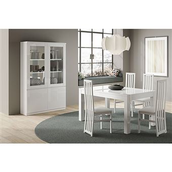 Ensemble Séjour Laqué Blanc Table 190cm + Vitrine avec Leds - DEYTON - ALTOBUY - 1
