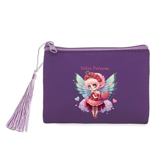 Porte-monnaie & Clés Violet Motif Chat - PU Mat - Fermeture Éclair - Pompon - 10.5x7cm