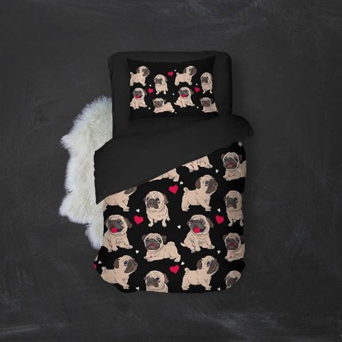 HOMEMANIA Pack oreiller et couette Pug 2 - Noir, beige, rouge - 155 x 210 cm