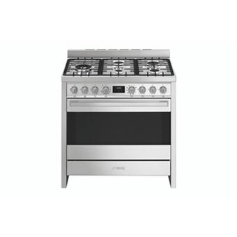 Centre de cuisson 90 cm, 5 foyers gaz dont 1 ultra-rapide de 5000 W, four multifonction, sonde de cuisson, inox et verre noir