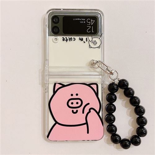 Coque Pour Samsung Galaxy Z Flip 3 Frusde Mignon Animal Transparente Etui avec Bracelet-Cochon Rose