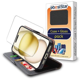 ebestStar Etui Portefeuille pour iPhone 15 PU Cuir Porte-Cartes Support Stand, Noir + Film VERRE Trempé - 1