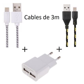 Pack Chargeur pour IPAD Air Lightning (2 Cables Tresse 3m Chargeur + Prise Secteur Double USB) Murale - 1