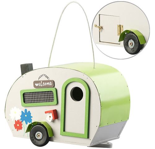 Royal Gardineer : Nichoir &agrave; oiseaux en bois design caravane en m&eacute;tal