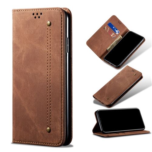 Etui en PU tissu de jeans de style rétro marron pour votre Xiaomi Mi 10 Lite 5G