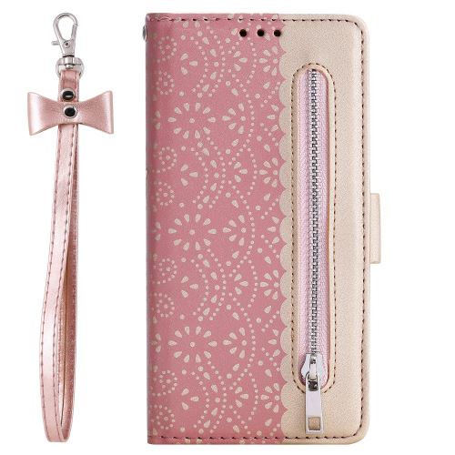 Etui en PU Pochette zippée à motif de fleurs en dentelle avec cordon rose pour Samsung Galaxy A40