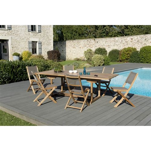 Salon de jardin bois teck grade A: 1 table rectangulaire ext 180/240*100cm et 3 lots de 2 chaises pliantes textilène taupe