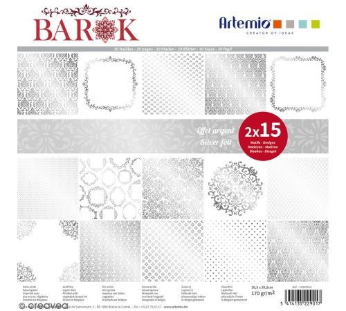 Papier Scrapbooking Artemio - Barok Foil argenté- 30,5 x 30,5 cm - 30 pcs