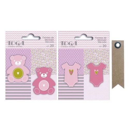 40 formes découpées nounours et body rose-vert-gris + 20 étiquettes kraft Fanion