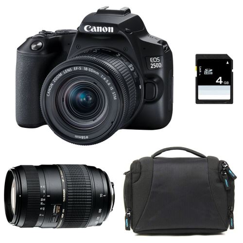 CANON eos 250d + 18-55 is stm + tamron 70-300 di + sac + sd 4go