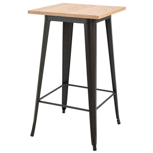 Table de bar carrée design industriel - repose-pied intégré - dim. 60 x 60 x 105 cm - métal noir panneaux multicouches imitation bois clair
