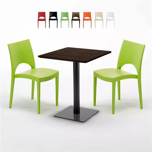 Table carrée 60x60 pied noir et plateau bois avec 2 chaises colorées Paris Kiss, Couleur: Vert