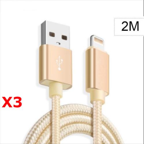 X3 Cable Metal Nylon Renforce Chargeur USB Couleur Or pour IPhone Longueur 2m Tréssé Compatible IPhone 5s/6/6S/7/8/X/Xr X3 Little Boutik®