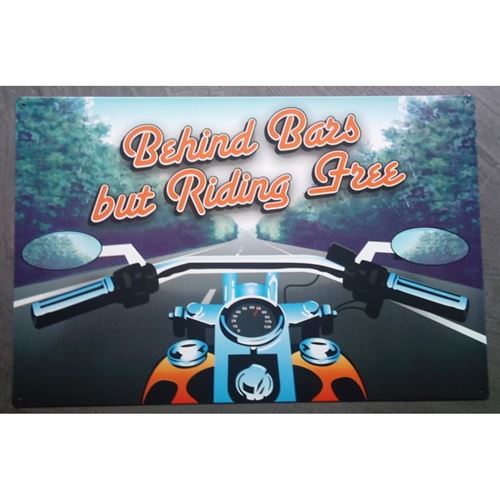 plaque moto behind bars but riding free affiche tole usa