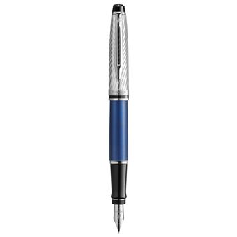 WATERMAN Expert Deluxe Stylo plume, Laque métallique Bleu, capuchon métal, Plume moyenne, encre bleue, Coffret cadeau