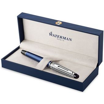 WATERMAN Expert Deluxe Stylo plume, Laque métallique Bleu, capuchon métal, Plume moyenne, encre bleue, Coffret cadeau