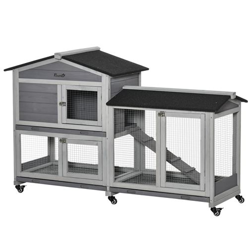 Clapier sur roulettes cage &agrave; lapins 2 niveaux 3 portes bois sapin gris
