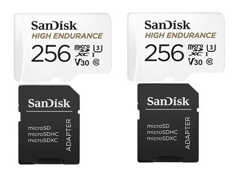 2PCS Carte mémoire micro sdxc Sandisk High Endurance 256 Go Video Class V30 / UHS-I U3 / Class10 lecture 100MB/s écriture 40MB/s