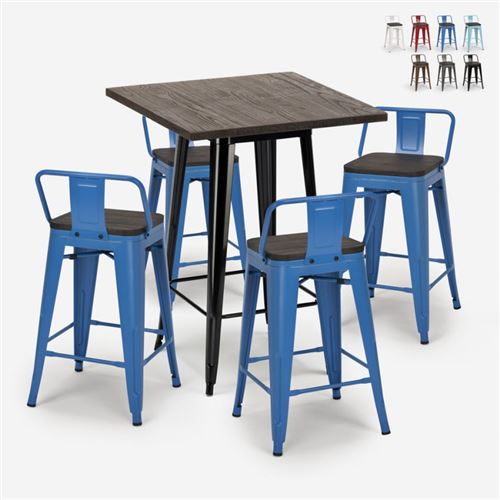 Ensemble 4 Tabourets Tolix Table 60x60cm Bois Métal Industriel Peaky Black, Couleur: Bleu