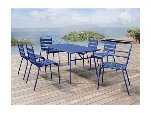 Salle à manger de jardin en métal - une table L.160 cm avec 2 fauteuils empilables et 4 chaises empilables - Bleu nuit - MIRMANDE de MYLIA