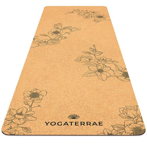 Tapis de Yoga Antidérapant Liège-Caoutchouc naturel MAGNOLIAS 183x66x0,5cm + Sangle